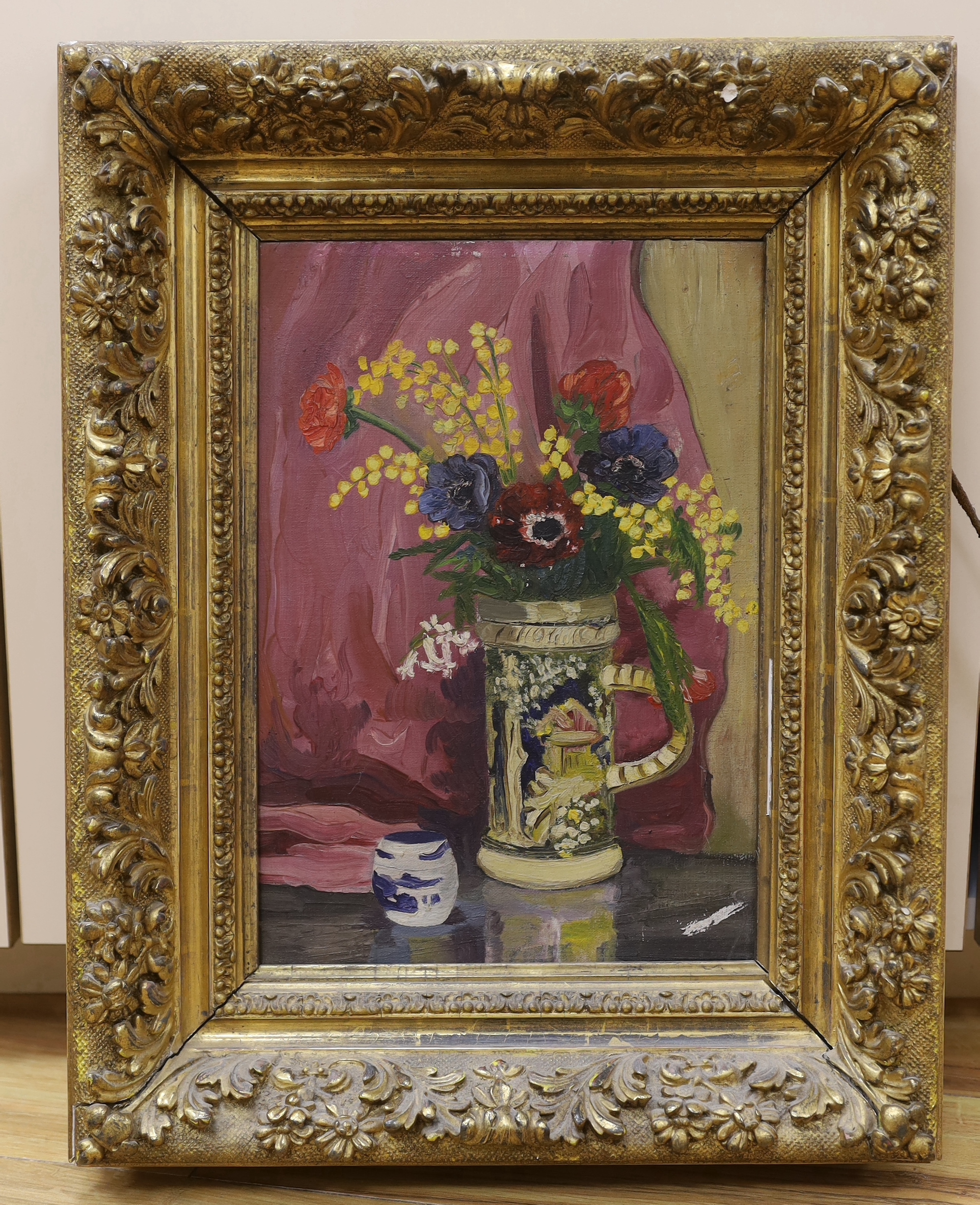 20th century English School, oil on board, Still life of flowers and vessels, housed in an ornate gilt frame, 35 x 24cm